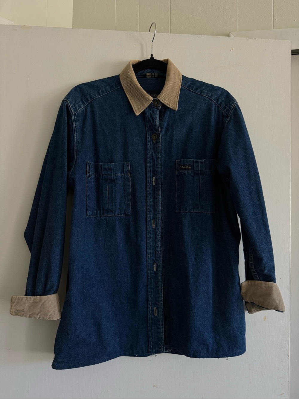 Vintage Calvin Klein Blue Denim Shirt Jacket with Beige Corduroy Collar